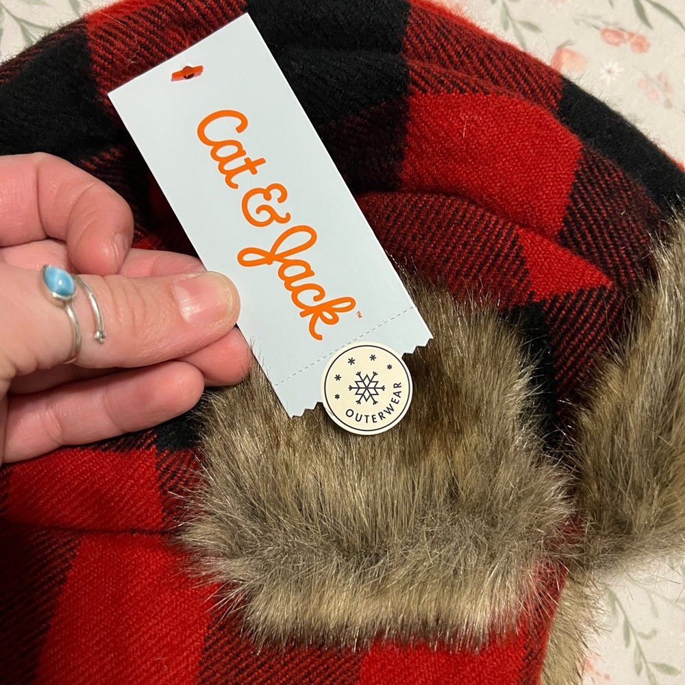 Cat & Jack Red and Black Plaid Kids Hat with Faux Fur - Picture 3 of 4